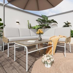 Moimhear Polyrotan set, tuinset, zitgroep, sofa, lounge, tuinlounge voor 4-5 personen, lounge met hoekbank, gehard glazen tafel en kussens, abrikozengrijs & naturel