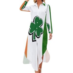 Ierse vlag met klaverpatroon dames maxi-jurk lange mouwen knopen overhemdjurk casual feest lange jurken M