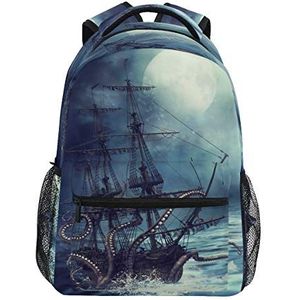 RXYY Watercolor Zee Piraat Boot Tentacle School Rugzak voor Jongens Meisjes Grote Capaciteit Boekentas Reistas Schouder College Daypack School Tas Boekentas Wandelen Camping