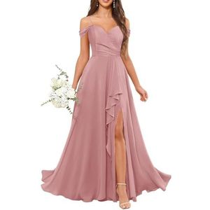 Chiffon bruidsmeisjesjurken voor dames, met split, lange baljurken, cocktailjurken, grote maten, Stoffige Roos, 32