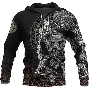 Noorse Wolf Axe Tattoo Pullover Met Rits,Heren Viking Rune Bear Head All Over Printed Hoodie,3D Digitale Print Casual Unisex Lange Mouwen Tops Sweatshirt S-5XL