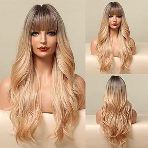 Damespruiken Lange golvende zwarte bruin grijze ash witte ombre synthetische pruik met pony cosplay dagelijkse partij pruik for vrouwen hittebestendig haar Feestpruik (Color : 16)