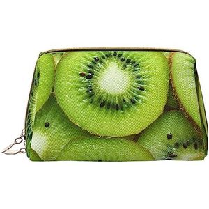 Plakjes Verse Rijpe Groene Kiwi Gedrukt Make-up Tas Reizen Make-up Organizer Cosmetische Borstel Zakken Case Lederen Make-up Case Rits Pouch Toilettas voor Vrouwen, Wit, Eén maat