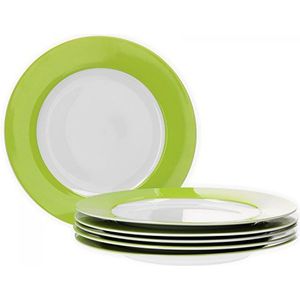 Van Well Vario platte bordenset, 6-delig, tafelservies voor 6 personen, platte eetborden met Ø 26,5 cm, porseleinen servies wit met groene rand, bordenset magnetronbestendig