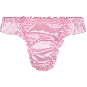 Satini Satijn Ruffel Lage taille Sissy String Tanga Knickers Broekje Satijnen broekjes Ondergoed (Babyroze, L)