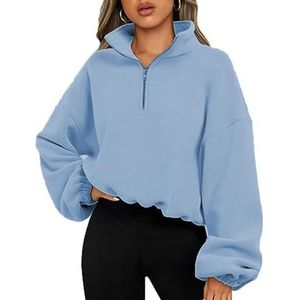 LJCM Fleecetrui voor dames, fleecejack met halve ritssluiting, warme opstaande kraag, trekkoord aan de zoom voor dagelijks gebruik, lichtblauw, L