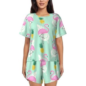 RIVETECH Rode flamingo ananasprint dames pyjama met korte mouwen - comfortabele korte sets, mouwen nachtkleding met zakken, Zwart, L
