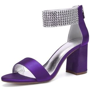 KYEGLO Satijnen Bruidsmeisjesschoenen Met Ronde Neus, Open Teen Met Dikke Hakken En Strass-Steentjes, Enkelbandje, Sandalen Met Bandjes Voor Bruiloftsgasten,Dark purple,36
