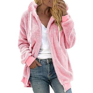 OnaiC Fleecejack voor dames, winter, pluche jas, teddyjas, korte gewatteerde jas, lange mouwen, kunstbont, fleece, overgangsjas, outdoor, sportjas, sportieve fietsjas, klassieke winterjas, roze, M