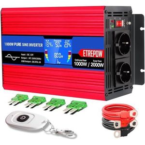 ETREPOW - 1000W/2000W Omvormer - Zuivere Sinus - 12V naar 230V - LCD-Scherm - Draadloze Afstandsbediening