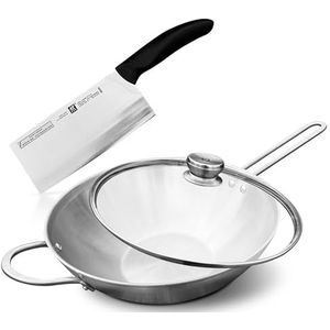 Zwilling TwinNova3 Wokpan, inductie, 30 cm met glazen deksel + Chinees koksmes 18 cm, 3-delig, wokpan zonder coating, vaatwasmachinebestendig, antislip handgreep, voor alle soorten fornuizen, zilver