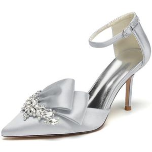 Dames Strass Witte Trouwschoenen voor Bruid Hoge Hakken Puntige Neus Bruidsschoenen Satijn Prom Feestjurk Pumps,Zilver,35 EU
