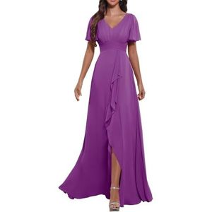 KURFACE Flutter mouw V-hals chiffon bruidsmeisjes jurken met mouwen split lange formele avondjurk voor vrouwen, Paars, 32