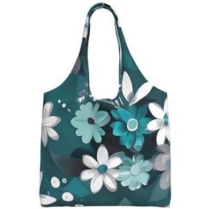 RLDOBOFE Groenblauw grijs en wit bloemenprint canvas draagtas voor vrouwen esthetische boodschappentassen schoudertas herbruikbare boodschappentassen, Zwart, One Size