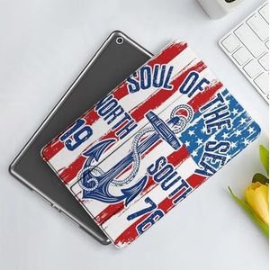 CONERY Hoesje compatibel iPad 10.2"" (9e/8e/7e generatie) anker, vintage ontwerp anker met touw op grungy Amerikaanse vlag ziel van de zee kunst decoratief, Bl, Slim Smart Magnetische Cover met Auto