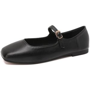 Women's Mary Jane Shoes Comfortable Square Toe Flats Buckle Strap Ballet Flats Comfortable Leather Dress Shoes (Color : Black, Size : 38 EU)