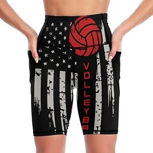 Amerika Volleybal Rode Lijn Vlag Vrouwen Yoga Biker Shorts Hoge Taille Workout Broek Met Zakken