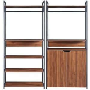 [en.casa] Kledingkast set van 2 Larem open kast met metalen frame 2 deuren 2 kledingroedes staand rek zwart en walnootkleurig