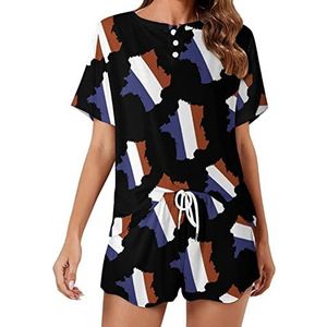 Franse kaart vlag zachte dames pyjama korte mouw pyjama loungewear met zakken cadeau voor thuis strand XL