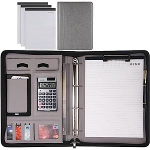 Portfolio, Portfolio Organiser, PU lederen map portfolio met rits 4-rings map notitieboek zakelijke documenten organizer map met telefoonhouder for A4 notitieblokken(Grey,12 Bit+3*note pad)