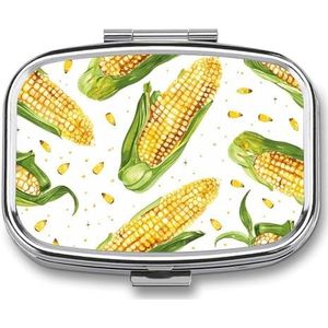 Cartoon Maïskolf Bedrukte Draagbare Pillencontainer Reizen Pillen Gevallen met Spiegel 2 Compartiment Geneeskunde Doos Decoratieve Metalen Geneeskunde voor Pocket Portemonnee Reizen Dagelijks