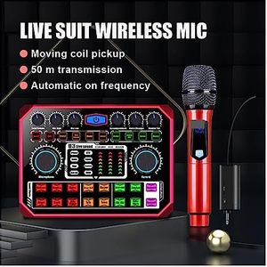 Draadloze Microfoon, Draadloze Microfoon Geluidskaart Set Professionele Live Geluidskaart Mixer for Gaming Telefoon Computer PC(Rosso)