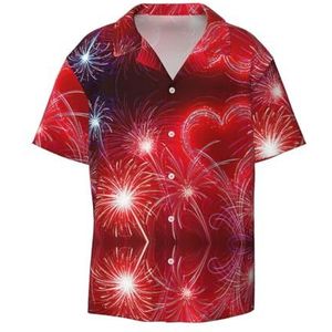 TyEdee Rode harten vuurwerkprint heren korte mouw overhemden met zak casual button down shirts business shirt, Zwart, L