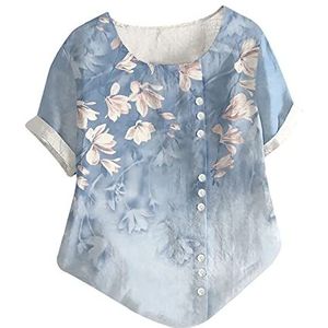 Bloemen bedrukte tops voor vrouwen vintage stijl korte mouw ronde hals casual shirt knop trim zomer vakantie blouse verkoop, mode dames tops UK, roze, XL