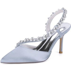 KYEGLO Satijnen Damessandalen Met Spitse Neus En Riempje - Gesloten Neus, Naaldhak Met Strass-Steentjes, Feestelijke Bruiloftsschoenen, Cadeaus Voor Dames,Zilver,36 EU