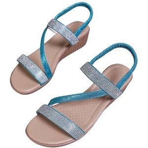 Dames Bohemen Sandalen Retro Sleehak Sandalen 2024 Nieuwe Romeinse Sandalen Met Strass PU Lederen Pantoffels Zomer Peep Toe Pantoffels Vrijetijdsstrandschoenen(Blue,41 EU)