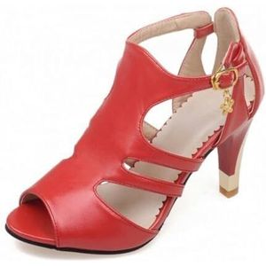 Dames zomer mode schoenen dames peep toe schoenen kunstleer hoge hakken gespen sandalen, rood, 38 EU