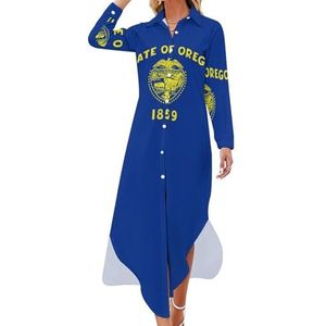 Oregon State Flag of America lange mouwen maxi hemdjurken voor vrouwen casual V-hals knopen blouses XL