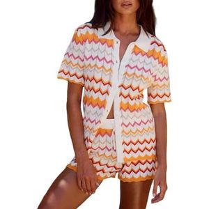 GKEIOSHQIL Dames Gebreide Shorts Set 2-delige Outfits Gestreepte Kleurblok Korte Mouw Button Down Shirt En Shorts Set,Oranje,L