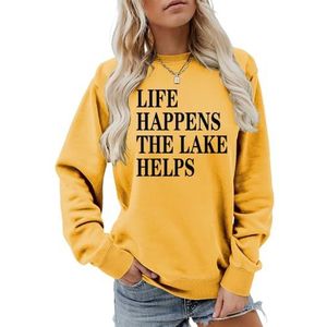 MLZHAN Life Happens The Lake helpt afdrukken vrouwen sweatshirt lange mouw mode sweatshirts ademende losse pasvorm truien, Geel, S