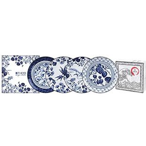 TOKYO Design Studio Flora Japonica Set van 4 borden blauw-wit, Ø 20,6 cm, ca. 2,2 cm hoog, Aziatisch porselein, Japans bloemmotief, incl. geschenkverpakking