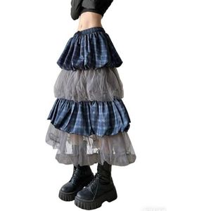 KWISUAWHGA Y2K Plaid Mesh Patchwork Midi Rok voor Vrouwen Casual Bubble Tiered Trekkoord Elastische Taille Mode Lange Rok,Blauw,L