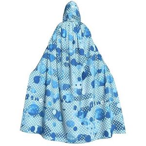 Blauwe polka dot print capuchon mantel voor mannen en vrouwen, volledige lengte carnaval maskerade cape kostuum, 190 cm