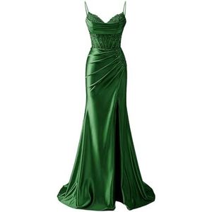 YIANN Satijnen baljurk met spaghettibandjes voor dames, met split, kant, applicatie, zeemeermin, lange baljurk, formele jurk, Emerald Groen, 32