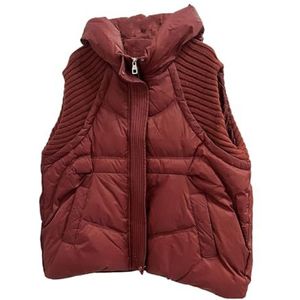 Dames Gewatteerd Vest Met Capuchon, Mouwloos Patchwork Gebreid Jasje, Dik Gevoerd Wintervest Van Katoen(Red,XL)
