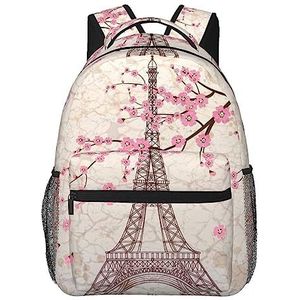 Parijs Eiffeltoren bloemen bloeiende print rugzak grote capaciteit laptoptas voor dames en heren casual rugzak voor reizen kantoor, Zwart, One Size