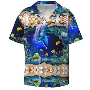 TyEdee Underwater World Blue Marine Life Print Heren Korte Mouw Jurk Shirts met Pocket Casual Button Down Shirts Business Shirt, Zwart, M