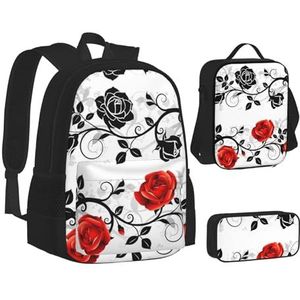 SUHNGE Schedel en rode roos print schooltas 3 stuks set wandelen lichtgewicht laptop rugzak etui lunchtas, Bloemen Roos Met Bladeren Lente, Eén maat