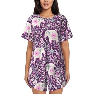 Bloem-Olifant Print Dames Zomer Zachte Tweedelige Bijpassende Outfits Korte Mouw Pyjama Lounge Pyjama Sets, Zwart, 4XL