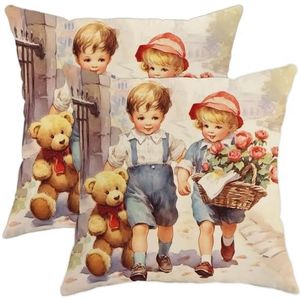 Kussenslopen 2 stuks lente vintage jongen en meisje schattig speelgoed beer bloem beige pluche kussenslopen met onzichtbare rits kussensloop, voor bed, buiten, bank, 45 x 45 cm