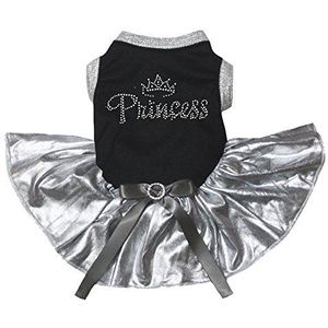 Petitebelle Prinses Kroon Zwart Shirt Zilver Tutu Puppy Hond Jurk, X-Large, Zwart