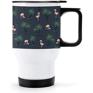 Roze Flamingo Vogels En Palmbomen Reizen Koffiemok Met Handvat & Deksel Rvs Auto Cup Dubbelwandige Koffiemokken