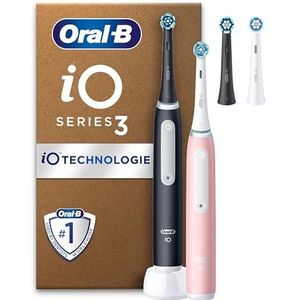 Oral-B iO3 Duopack Zwarte/Roze Elektrische Tandenborstel, 4 Opzetborstels, 3 Reinigingsstanden, 2 Oral-B elektrische tandenborstels voor volwassenen