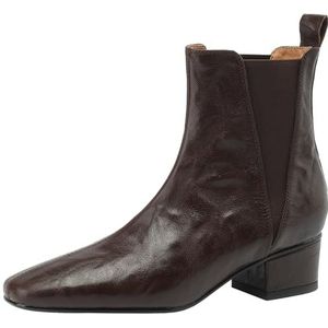 CuteFlats Dames retro rundleer Chelsea boots/slip-on laarzen met vierkante kant en dikke hakken voor winter en herfst, bruin, 35 EU
