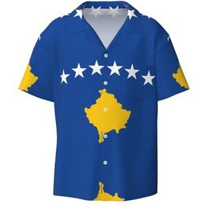 Vlag van Kosovo Print Heren Overhemden Atletische Slim Fit Korte Mouw Casual Business Button Down Shirt, Zwart, XXL