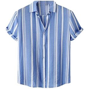 Herenoverhemden Met Korte Mouwen Zomer Gestreept Casual Overhemd Button-down Regular Fit Tops, Top For Langdurig Comfort(Blue A,XL)